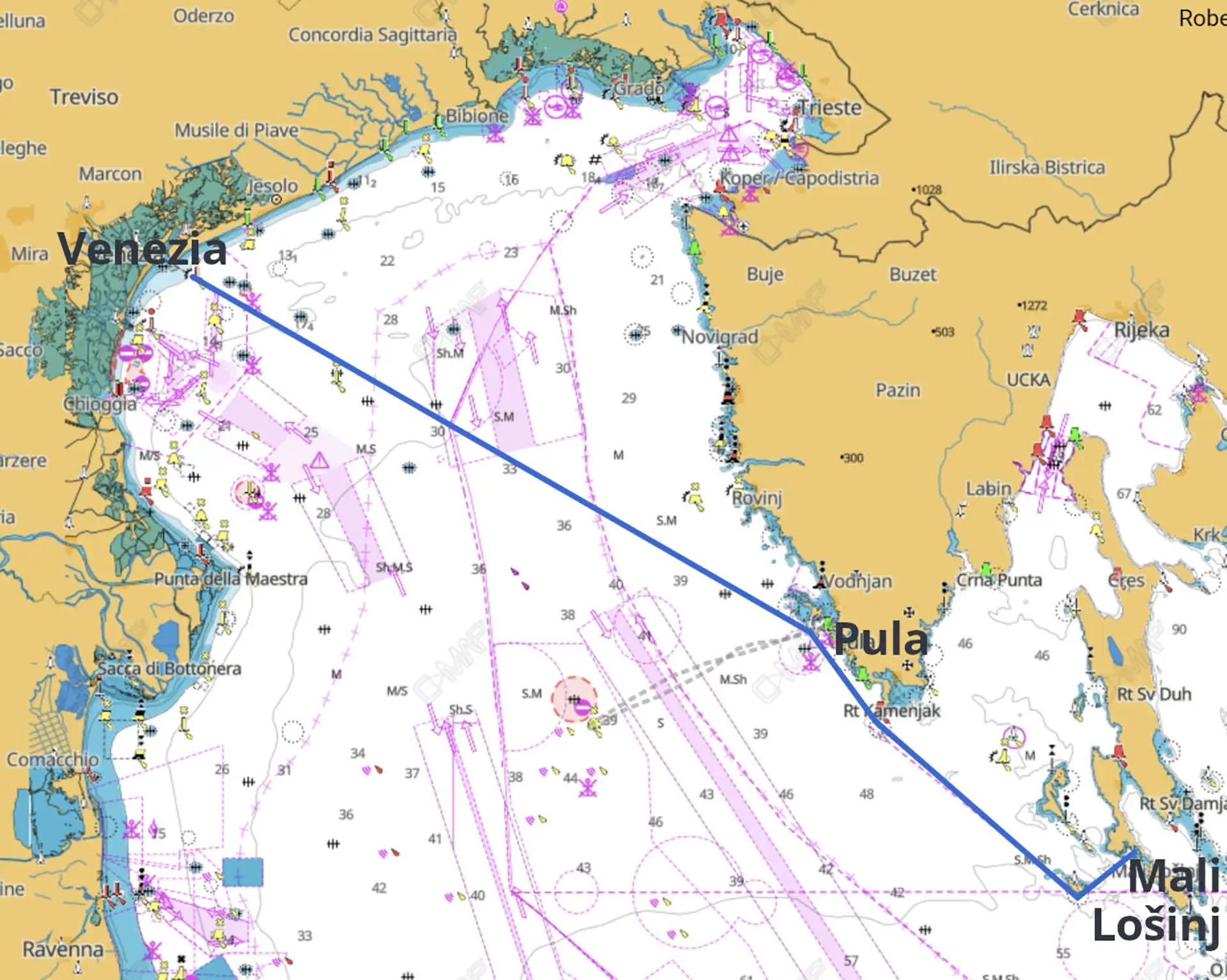 The regatta route starting from Venice, Italy, racing to Pula, Croatia, and finishing in Mali Lošinj.