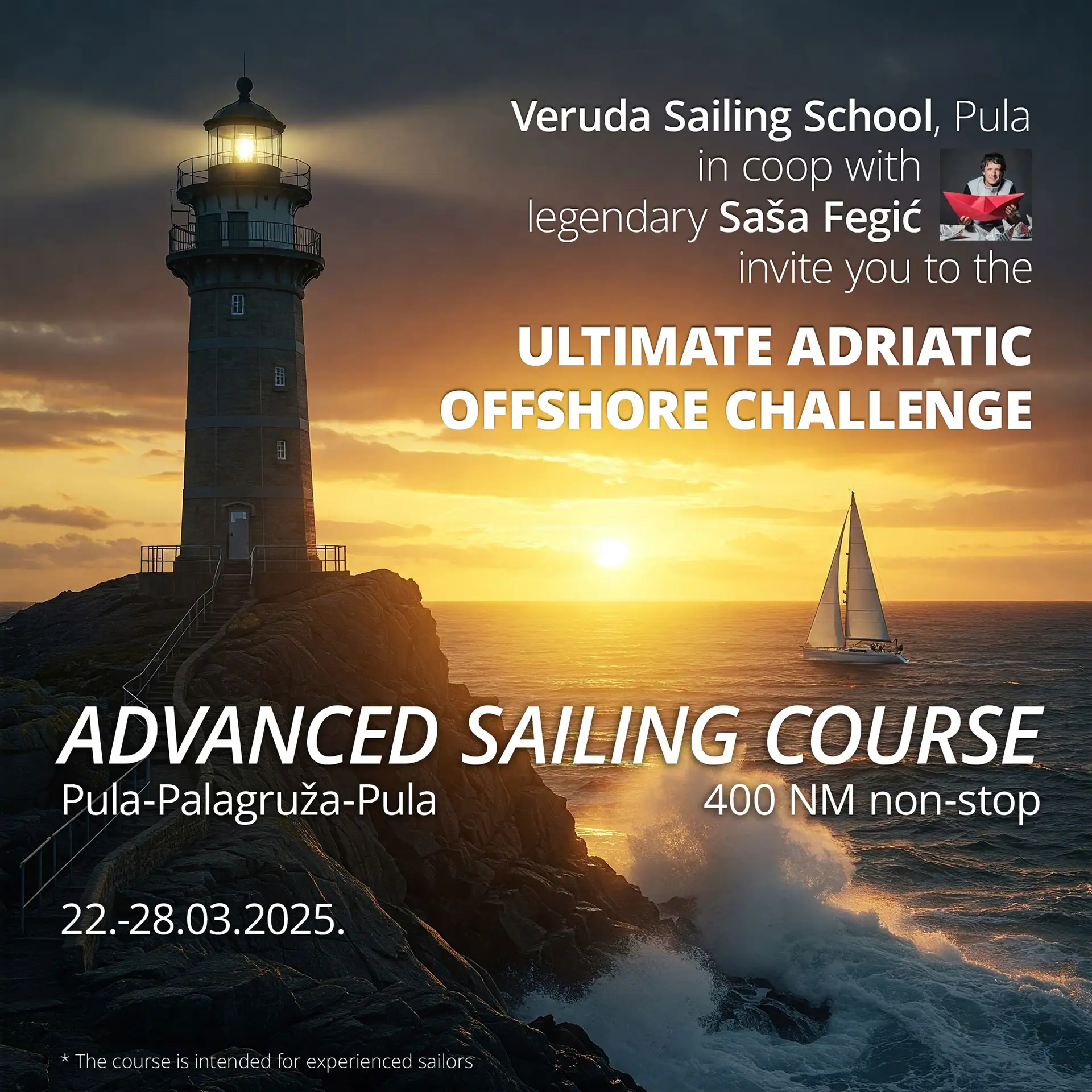 Sailboat navigating around Vela Palagruža island in the Adriatic, Croatia.