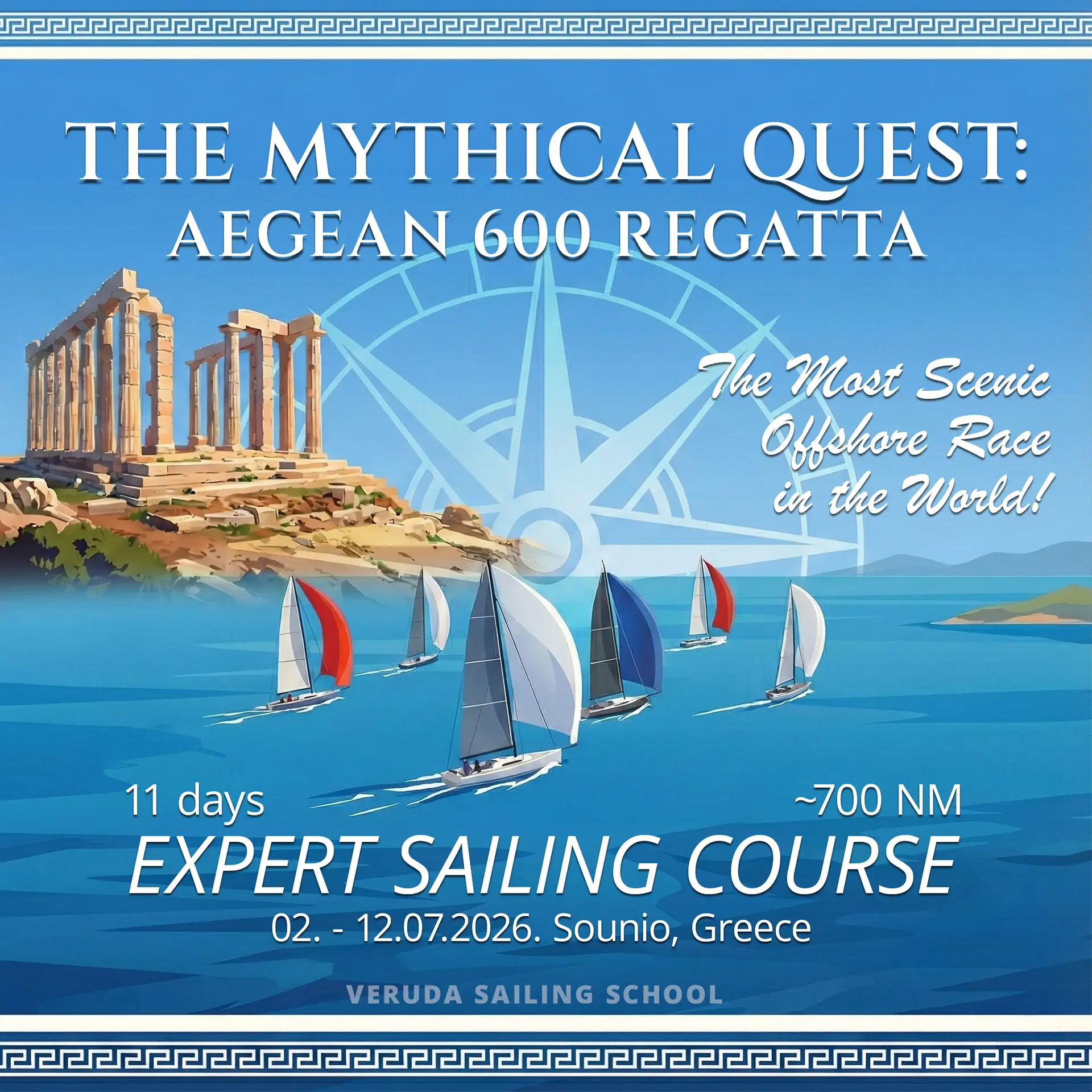 Aegean 600 Regatta Expert Sailing Course advertisement. A stylized illustration of the Aegean 600 regatta, featuring sailboats racing past the Temple of Poseidon at Cape Sounion.